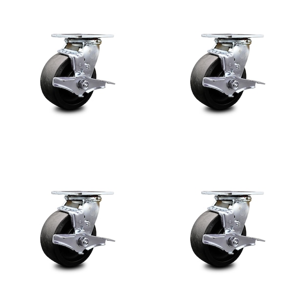 5 Inch Glass Filled Nylon Caster Set with Roller Bearings and Brake/Swivel Lock
